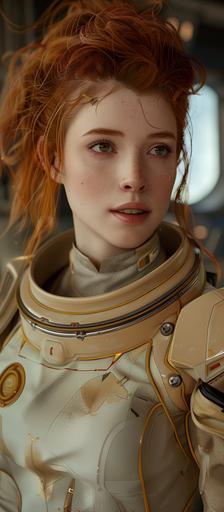 a young woman with red hair, the main character in a science fiction space opera --v 6.0 --ar 45:103
