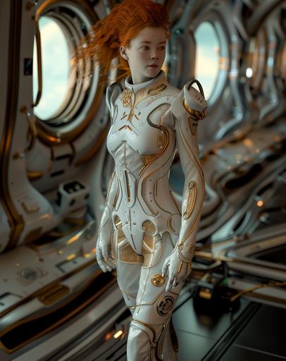 a young woman with red hair, the main character in a science fiction space opera --v 6.0 --ar 15:19