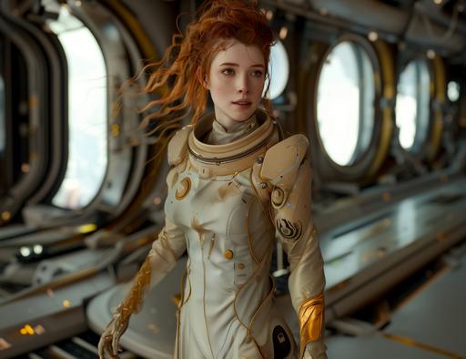 a young woman with red hair, the main character in a science fiction space opera --v 6.0 --ar 13:10
