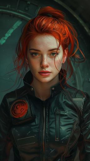 a young woman with red hair, the main character in a science fiction space opera --ar 9:16 --v 6.0