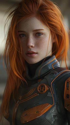 a young woman with red hair, the main character in a science fiction space opera --ar 9:16 --v 6.0