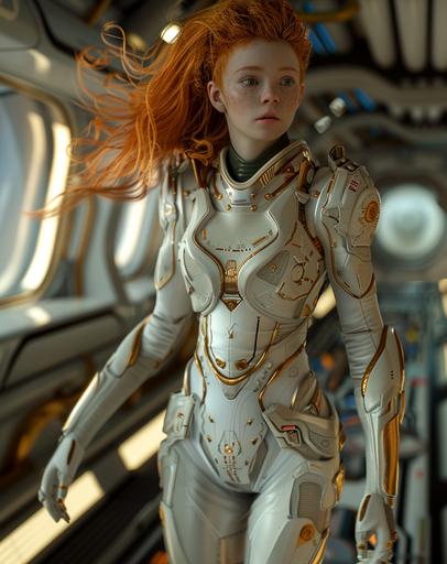 a young woman with red hair, the main character in a science fiction space opera --v 6.0 --ar 15:19