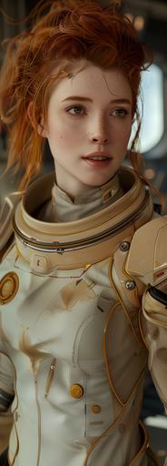 a young woman with red hair, the main character in a science fiction space opera --v 6.0 --ar 41:114