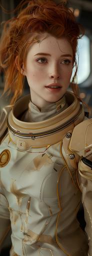 a young woman with red hair, the main character in a science fiction space opera --v 6.0 --ar 41:114