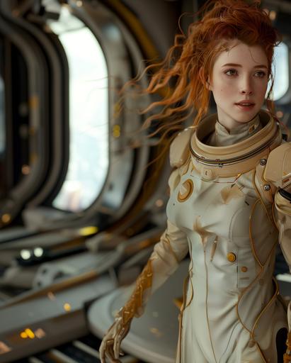 a young woman with red hair, the main character in a science fiction space opera --v 6.0 --ar 61:76