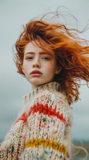 a young woman with red hair wearing clothes with a Vinicunca color sceme --ar 9:16