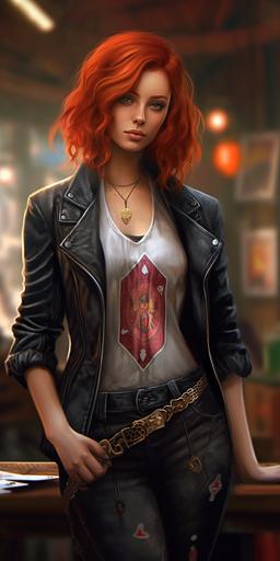 a young woman with short red hair wearing ace of spades themed clothes --ar 1:2