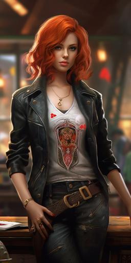 a young woman with short red hair wearing ace of spades themed clothes --ar 1:2