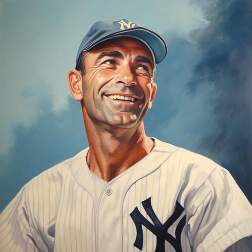 a younger portrait of Sean Connery, he is dressed in a New York Yankees baseball uniform, the clothes have the classics white with blue pinstripes, the uniform has the number 51 printed on it, he is smiling as if he is thinking about being part of the team as he looks out into the horizon
