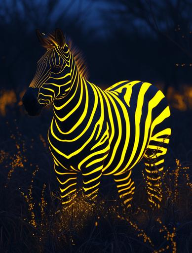 a zebra full bright fluorescent yellow stripes in the savannah dark. hyper realistic, uhd, high resolution, 8k --v 6.0 --ar 49:64