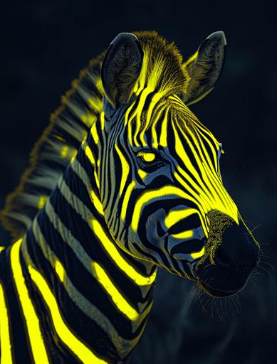 a zebra full bright fluorescent yellow stripes in the savannah dark. hyper realistic, uhd, high resolution, 8k --v 6.0 --ar 49:64