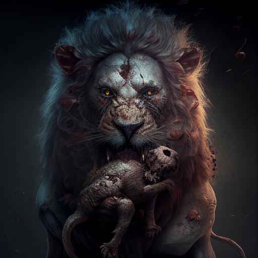 a zombie lion holding a head in its paw