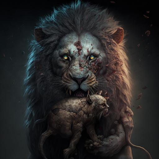 a zombie lion holding a head in its paw