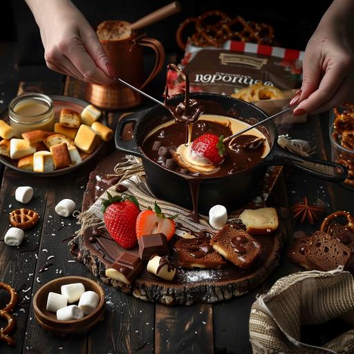 a zoomed in commerical food photo of melted milk chocolate in a fondue pot, a strawberry on fondue fork being dipped in, 25 degree angle, 100mm lens, wooden board with cubed bread, pretzels, and marshmallows, on a dark wooden table, shallow depth of field, boka