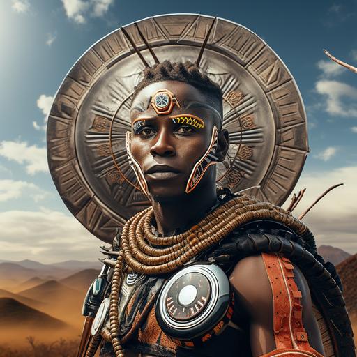 a zulu warrior wearing ibheshu on the frontline of a futuristic war, carrying an oval shaped pointed shield that has highly futuristic tech embeded into the inner and outer of the shield, with a minimalistic logo of a monkey on the shield and a designs inspired by a mother board chip around the logo.
