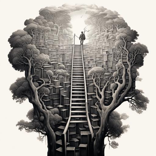 In the style of a stylized mostly white wood cut in black and white, A huge book has a ladder coming out of the top and a man climbs out from the book on the ladder
