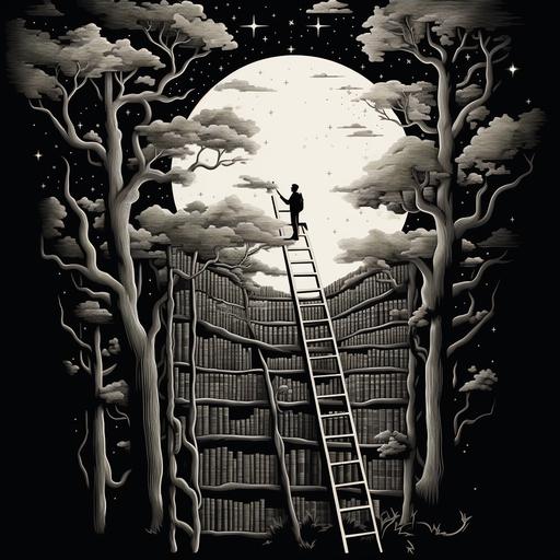 In the style of a stylized mostly white wood cut in black and white, A huge book has a ladder coming out of the top and a man climbs out from the book on the ladder