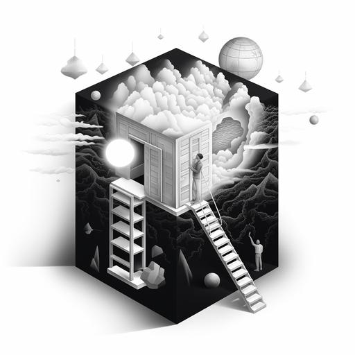 a man climbing a ladder out from a snow globe, black and white, psychedelic, inside a square box, isometric --ar 1:1