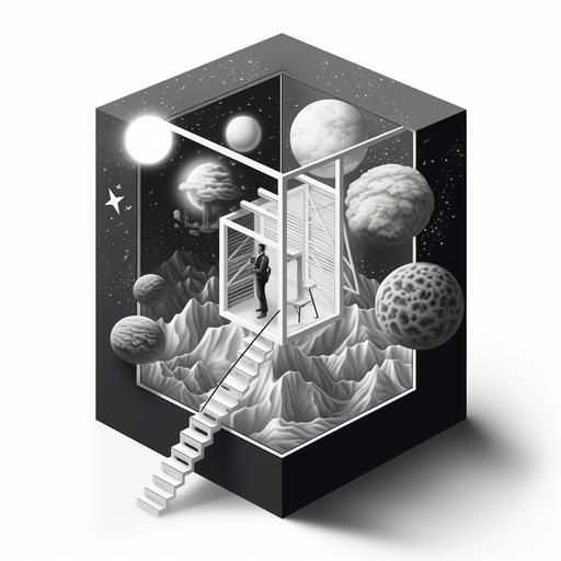a man climbing a ladder out from a snow globe, black and white, psychedelic, inside a square box, isometric --ar 1:1