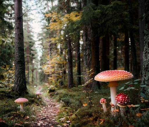 add more tiny amanita mushrooms to a photo of a path through a bright magical scandinavian forest with some Amanita Muscaria growing in spots, shot slightly above head height --v 6.0 --ar 74:63