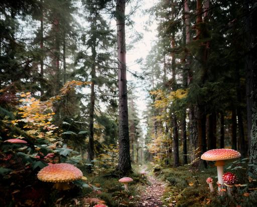 add more tiny amanita mushrooms to a photo of a path through a bright magical scandinavian forest with some Amanita Muscaria growing in spots, shot slightly above head height --v 6.0 --ar 73:59