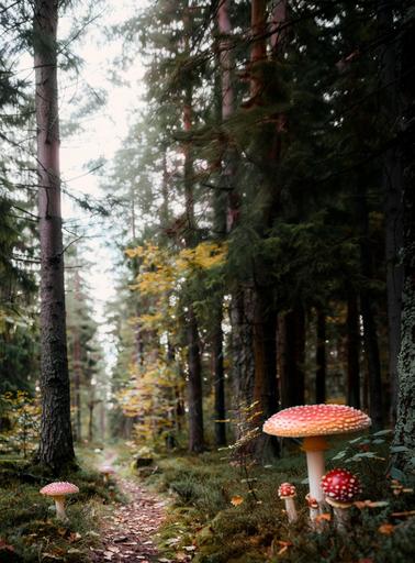 add more tiny amanita mushrooms to a photo of a path through a bright magical scandinavian forest with some Amanita Muscaria growing in spots, shot slightly above head height --v 6.0 --ar 59:80