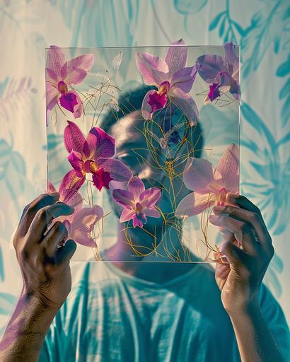 aapi person holds a translucent picture of flowers in front of face, in the style of bold colors, dynamic lines, bold colors, made of wire, serene face, gold doodle overlay of dendrobiums --ar 4:5 --v 6.0