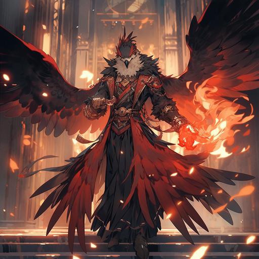 aarakocra eagle humanoid, wings outspread, hands extended with flames conjured, elegant guild hall background --s 250 --niji 5