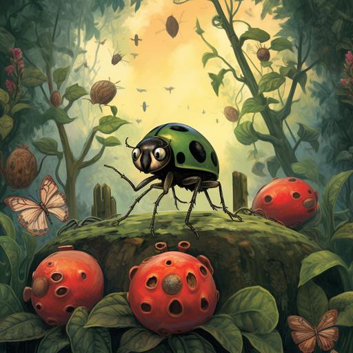 a scared green ladybug with green wings in the rosebushes in a city park. front book cover.