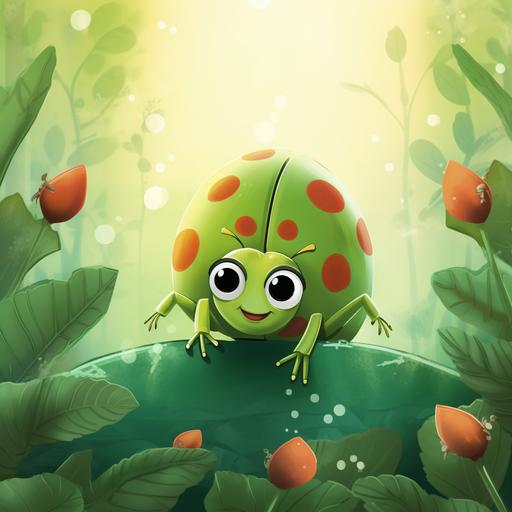 a scared green ladybug with green wings in the rosebushes in a city park. children's book aged between 5 and 8. front book cover.