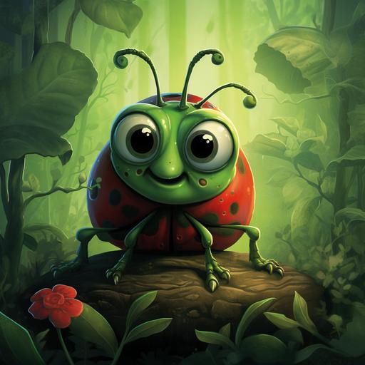 a scared green ladybug with green wings in the rosebushes in a city park. children's book aged between 5 and 8. front book cover.