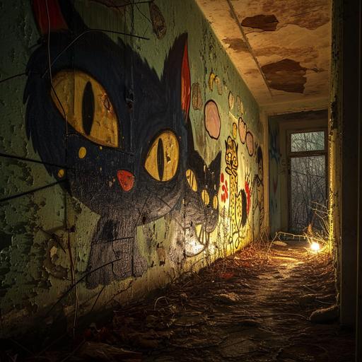 abandoned aged deteriorating sanitarium lit at night by ritual candlelight reveals really bright cute graffiti of cartoon cats:: old ghostly whispy crazy cat lady makes ritual offerings of catnip to the edifices of delight --v 6.0