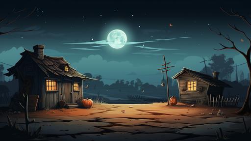 abandoned house from the outside with halloween pumpkins light up and in the backround the moon, night time, rainy weather cartoon style --ar 16:9