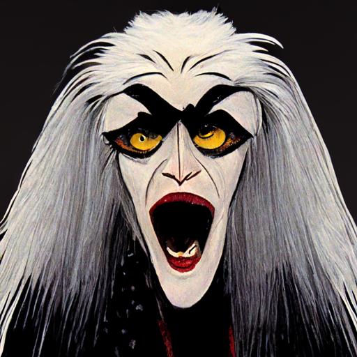 cruella deville crazy woman looking manic, bulging angry yellow eyes and snarling red lips, left hair black right hair white, black and white hair, Dalmatian fur coat