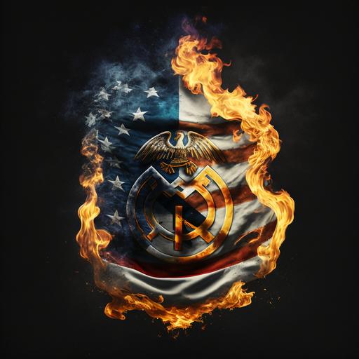 logo real madrid fc, flag america, fire, 8k, realistic, UHD, 3D