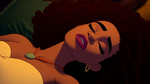 , above shot of african female sleeping beauty, afro, sick, sleeping, disney cartoon style, 2d animation, lying in bed, cinematic lighting --ar 16:9 --seed 681498219 --v 5 --upbeta