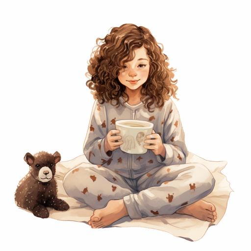 absolutely the cutest 10 year old girl with brown curly hair, brown eyes, cute pajamas and slippers, with a book and a glass of milk, watercolor style
