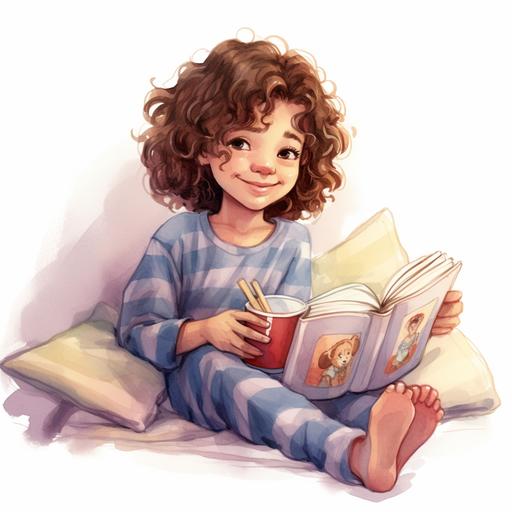 absolutely the cutest 10 year old girl with brown curly hair, brown eyes, cute pajamas and slippers, with a book and a glass of milk, watercolor style