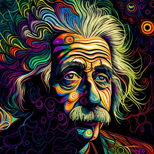 abstract, Albert Einstein, psychedelic art by junji ito, 1940s colors