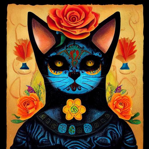 abstract adorabe day of the dead mexican cat, sugar skull, folklore, frida kahlo style, diego rivera style, disney coco --test --creative