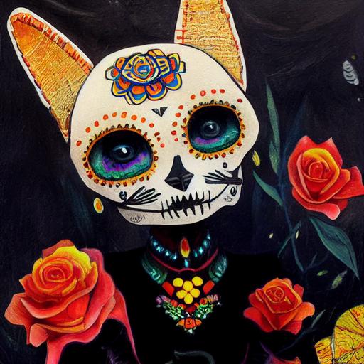 abstract adorabe day of the dead mexican cat, sugar skull, folklore, frida kahlo style, diego rivera style, disney coco --test --creative