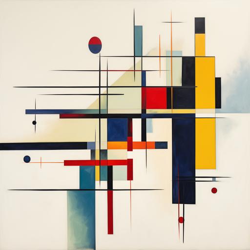 abstract art of straight horizontal lines and points in shades of dark blue, forest green, deep yellow and bright red on creamy white background in Russian suprematism style. --v 5.2