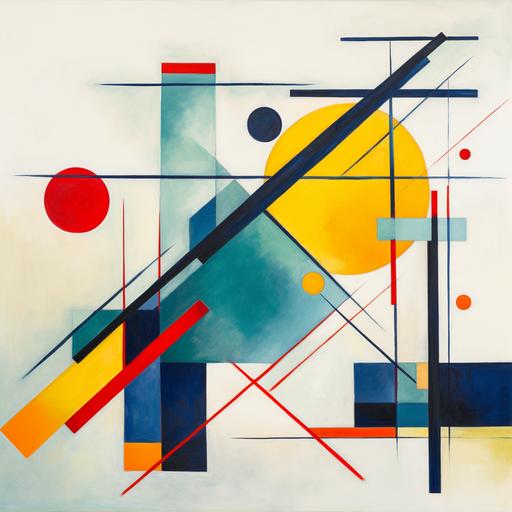 abstract art of straight horizontal lines and points in shades of dark blue, forest green, deep yellow and bright red on creamy white background in Russian suprematism style. --v 5.2