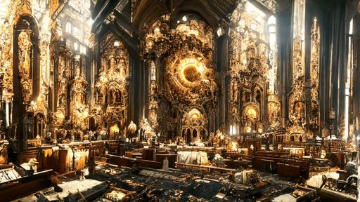 abstract baroque cathedral made of intricate, torn, cumpled mylar, abstract, fisheye, epic scale, houdini render, maya render, cryengine render, dramatic lighting, cinematic lighting, crepescular rays, radiant, glinting, 8k --wallpaper