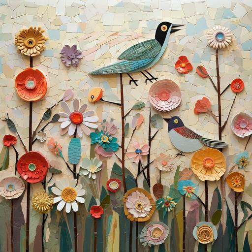 abstract children’s art, 3D mosaic, flowers, birds, 1940s muted colors