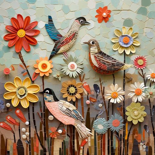 abstract children’s art, 3D mosaic, flowers, birds, 1940s muted colors