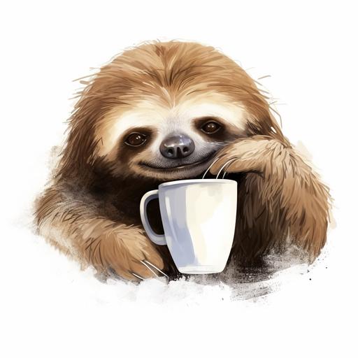 abstract cute sleepy sloth drinking coffee for t shirts with a white background