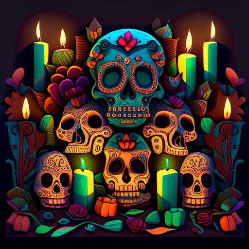 abstract day of the Dead, Cemetary with candles and sugar skulls --v 4 --s 250