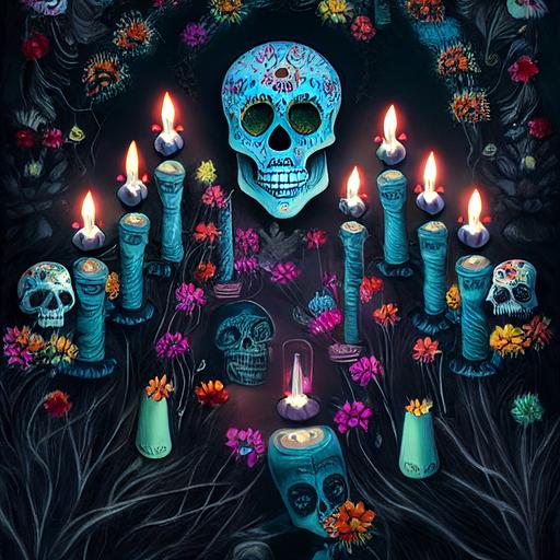 abstract day of the Dead, Cemetary with candles and sugar skulls --test --creative