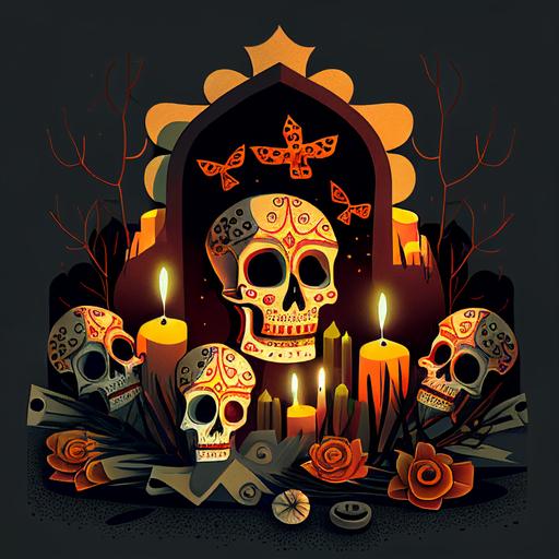 abstract day of the Dead, Cemetary with candles and sugar skulls --v 4 --s 250